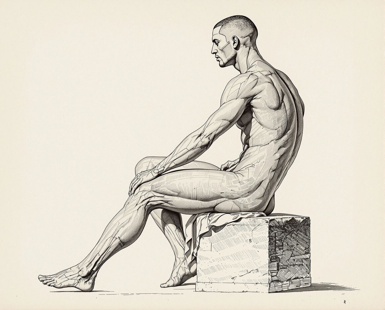 Etching-style male figure in black ink — AI-generated synthographic artwork by davidname.