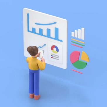 Drawing of a lady with her hair in a bun looking at projections of charts and graphs on a wall.