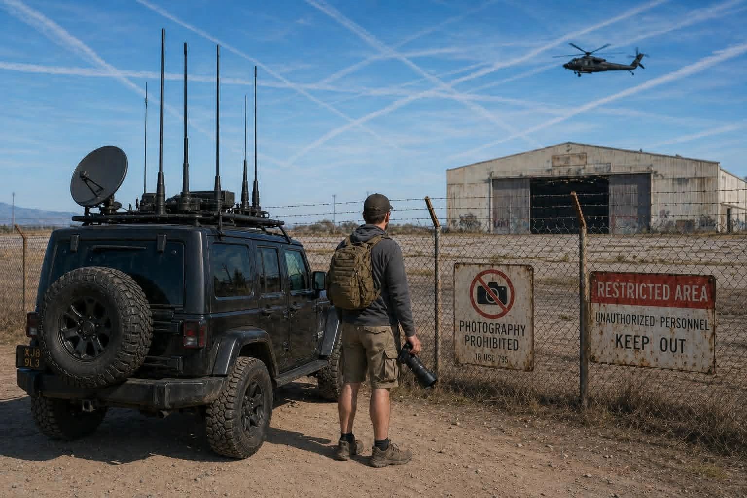 Man with camera near a military-style vehicle at a restricted area with a helicopter overhead.