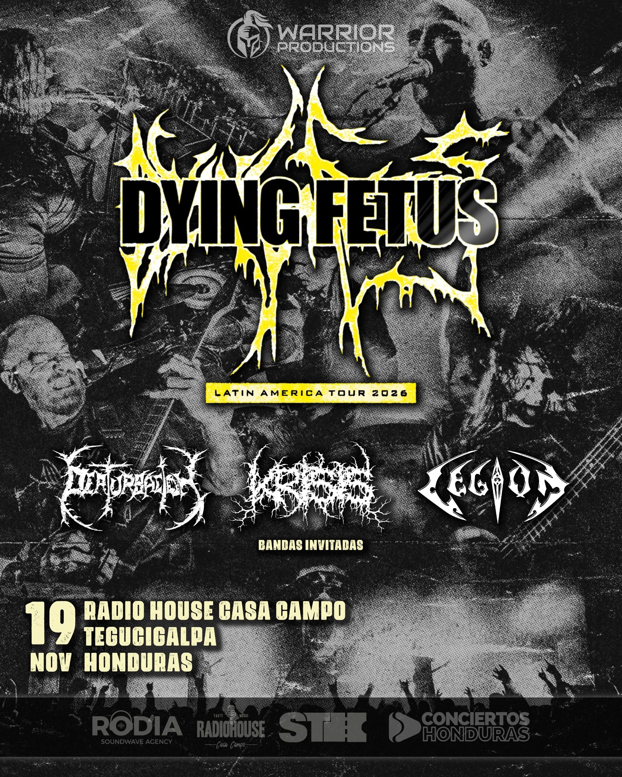 Dying Fetus Latin America Tour 2026 poster with guest bands and Honduras concert details.