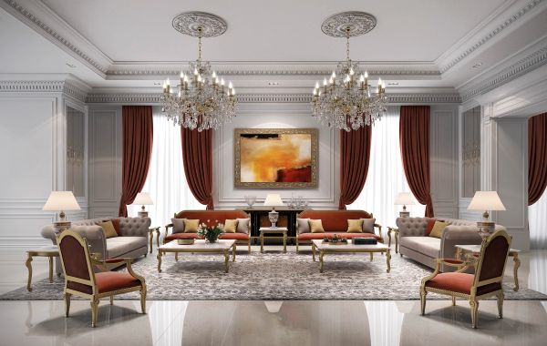 Elegant classical living room with chandeliers and rich upholstery.