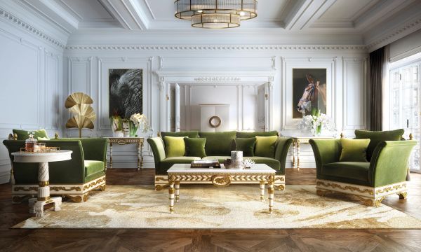 Elegant living room with green velvet sofas and gold accents.