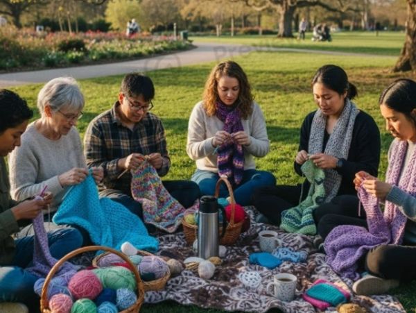 A group of six people knitting together outdoors on a blanket in a park.