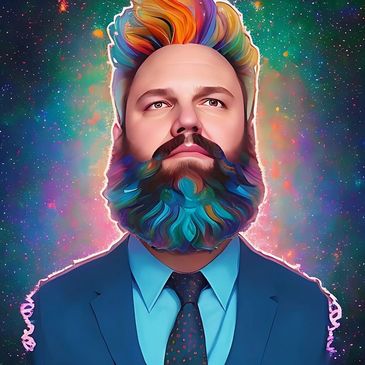 A man with a colorful beard and hair against a cosmic background.