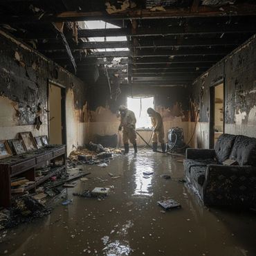 Two workers in hazmat suits clean a flood-damaged, fire-scorched room.