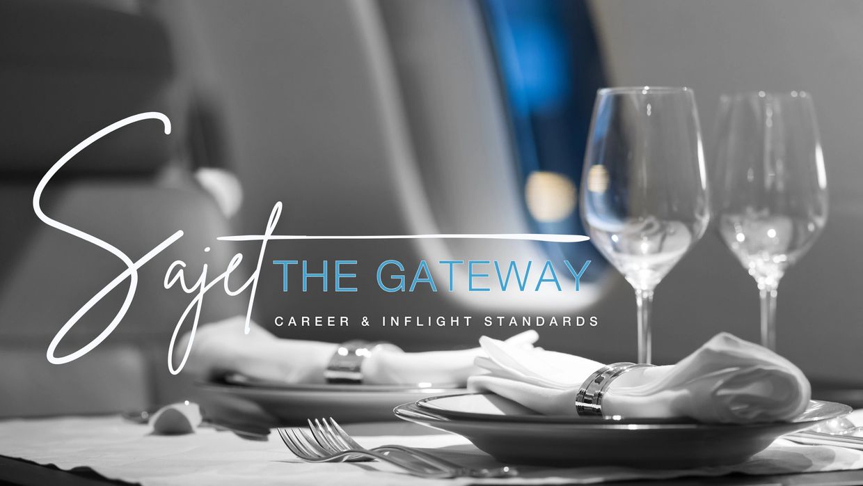Elegant table setting on an airplane with text overlay promoting Sajet The Gateway.