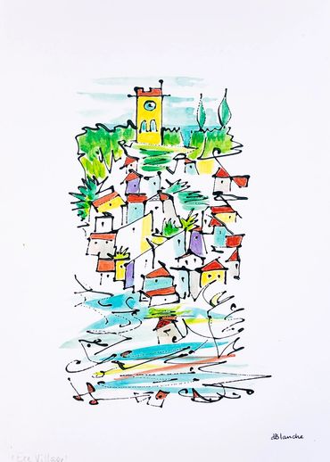 Print of Eze, France local artist drawing of city on the hill.