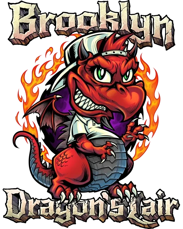 Our logo, which is a tough mischievous looking dragon boy. He has on a white snapback and t-shirt.