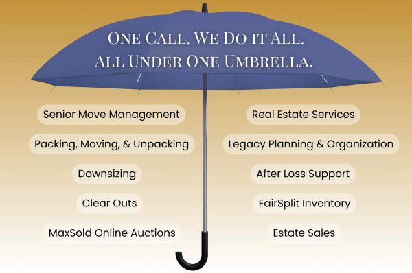 Printed on a blue umbrella, "one call. we do it all. all under one umbrella."