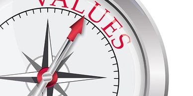 Compass needle pointing to the word 'VALUES' on a white dial.