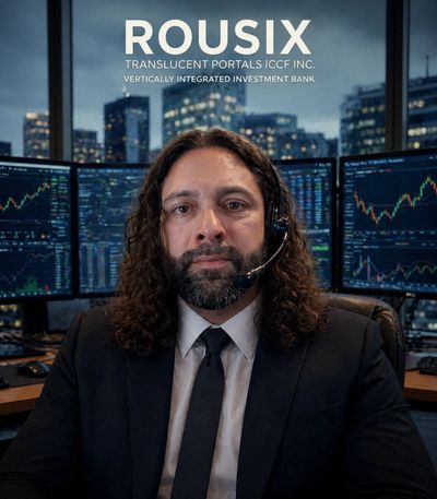 A serious man in a suit with a headset, surrounded by stock market charts.