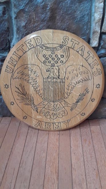Bourbon Barrel US ARMY natural finish $385.00 (21" x 21") with stand. Custom hand drawn and hand eng