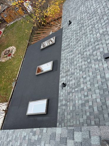 View of a roof with skylights and shingles beside a backyard with autumn foliage.