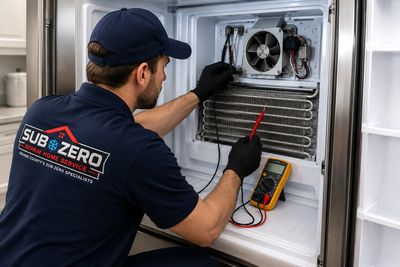 Sub-Zero freezer repair technician servicing freezer cooling components in Orange County, California