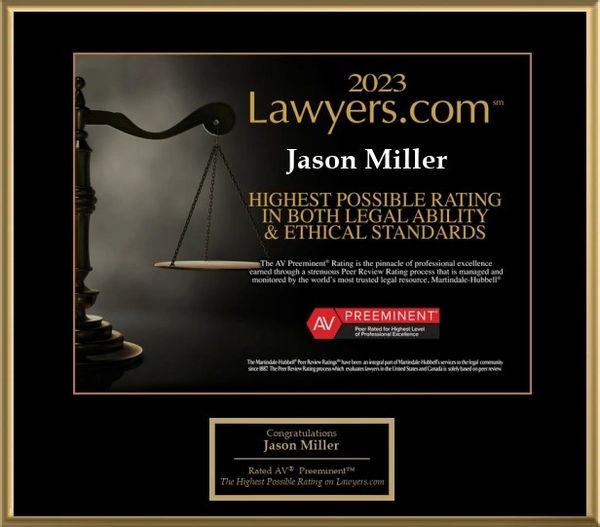 Award plaque for Jason Miller's highest legal and ethical rating in 2023.
