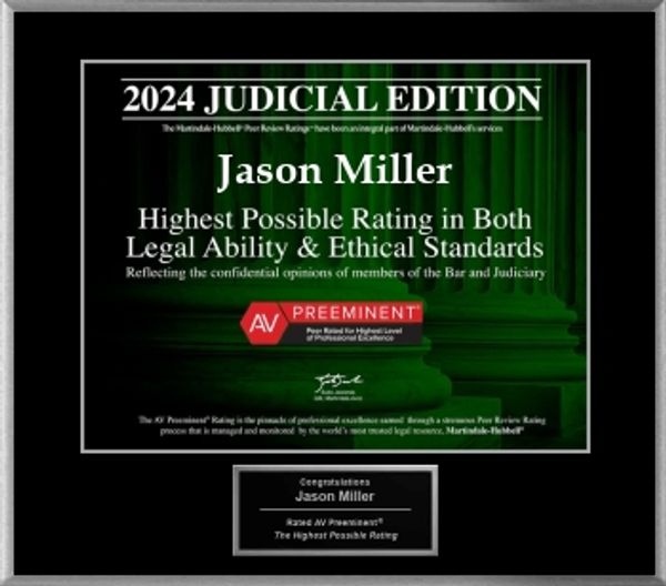 Certificate awarded to Jason Miller for highest legal and ethical rating in 2024.