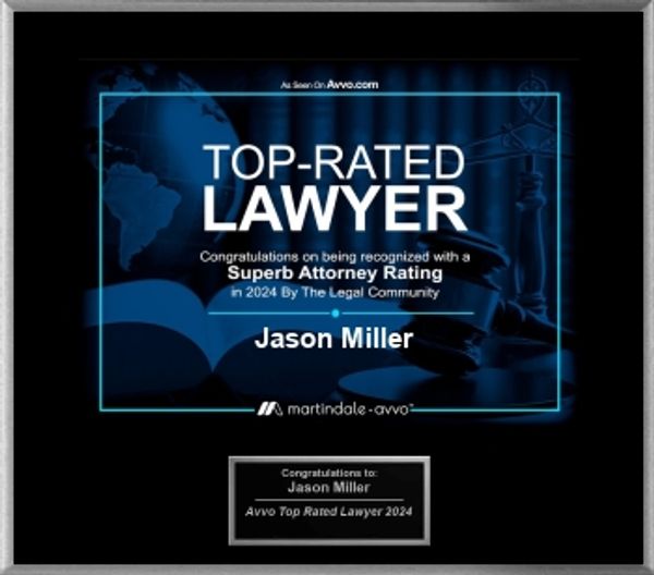 Award plaque recognizing Jason Miller as a top-rated lawyer in 2024.