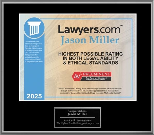 Award plaque for Jason Miller with highest legal and ethical rating from Lawyers.com.