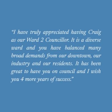 Appreciation note for Councillor Craig's service and success.