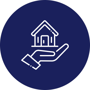 Hand holding a house icon on dark blue background.