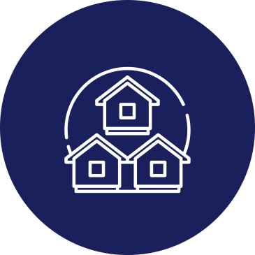 Three white houses icon in a blue circle.