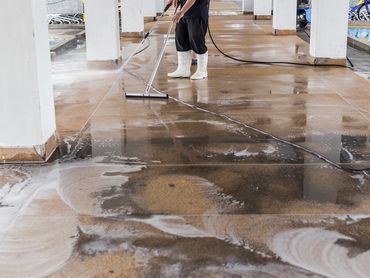 Professional spraying and cleaning of outside cement walkway.