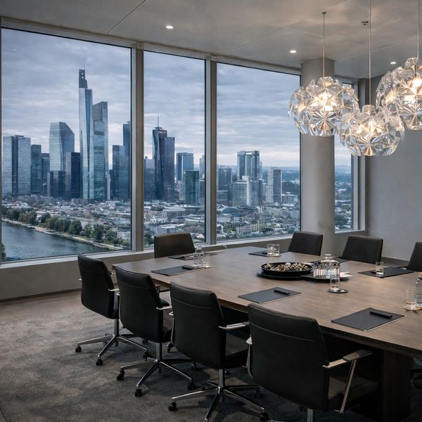 Modern conference room with city skyline views and stylish lighting.