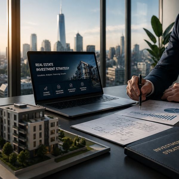 Professional reviewing real estate investment strategy with charts and models in city office.