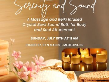 Invitation to a Serenity and Sound healing event with crystal bowls and Reiki.