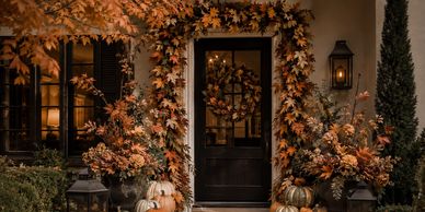 Front door decorated with autumn leaves and pumpkins.