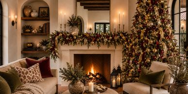 Cozy living room decorated for Christmas with a lit fireplace and a large Christmas tree.