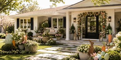 Front porch decorated with floral and Easter decorations.