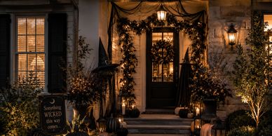 Halloween-themed porch with warm lighting and decorations.