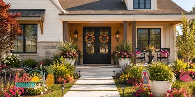 Front porch decorated for summer with vibrant flowers and wreaths.