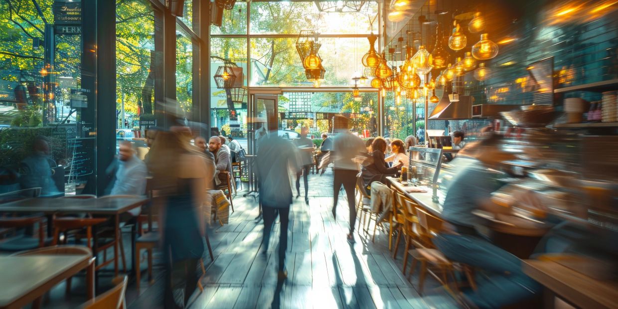 Busy cafe with people moving and warm lighting inside.