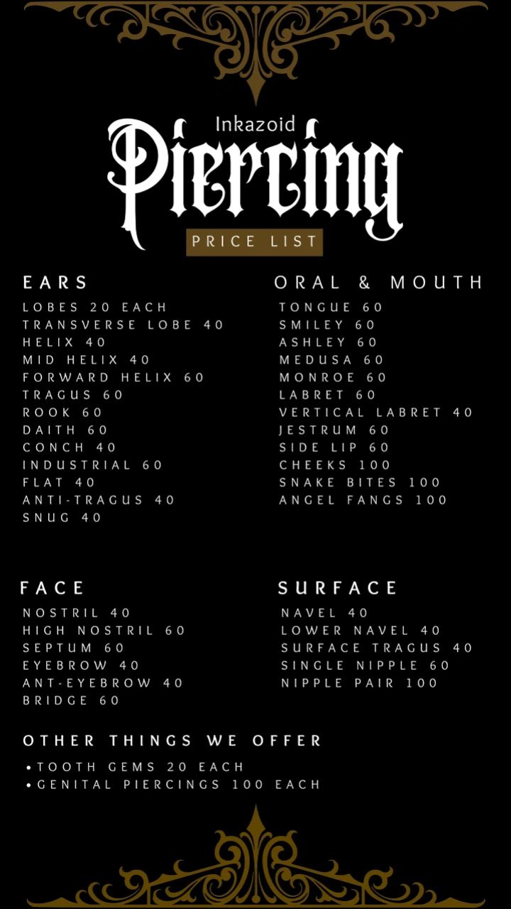 Piercing price list for various body parts including ears, face, oral, and surface areas.