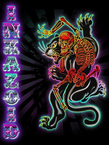 Neon skeleton riding a black panther with stylized text.