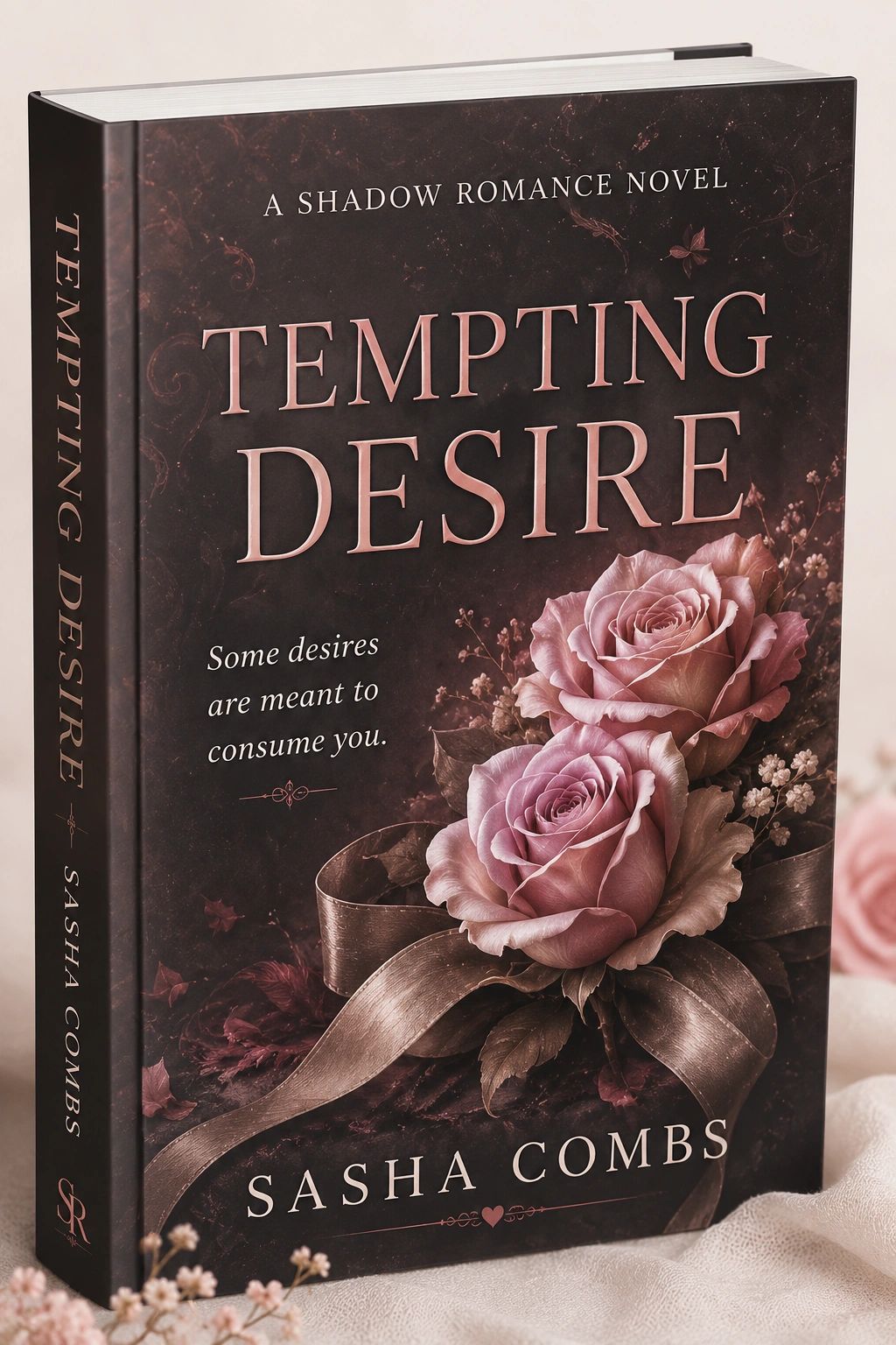 Romantic novel "Tempting Desire" by Sasha Combs with elegant rose and ribbon design.