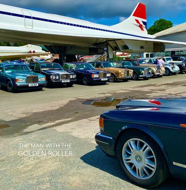 A line up of classic Bentley and Rolls-Royce cars under Concorde at Brooklands.