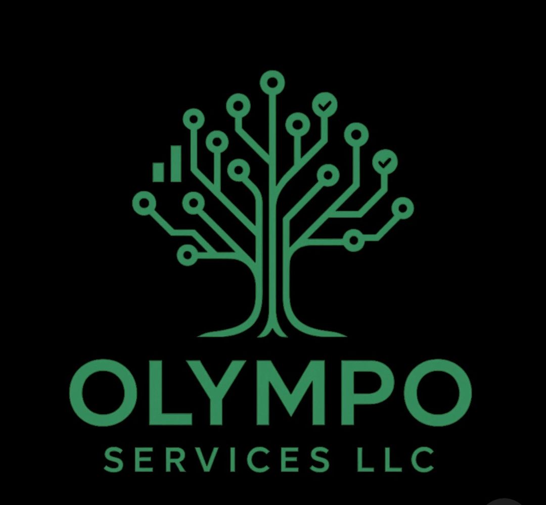 Green technology-inspired tree logo for Olympo Services LLC on black background.