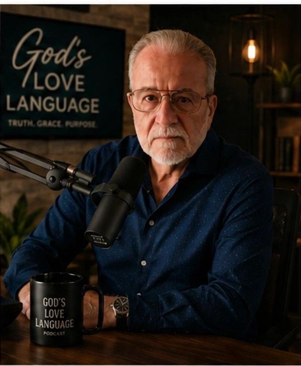 Older man speaking into a microphone with a 'God's Love Language' sign behind.