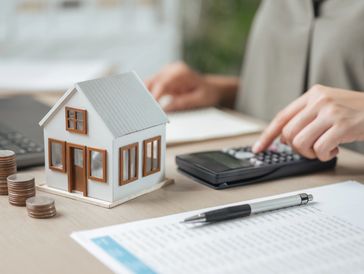 Person calculating finances with house model and stacked coins on desk.