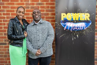 The host and guest next to the POWER Mouth logo