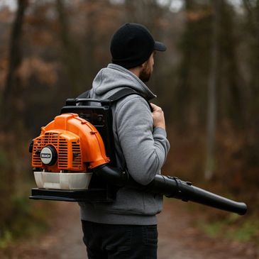 Man wearing a backpack leaf blower in a forested area.