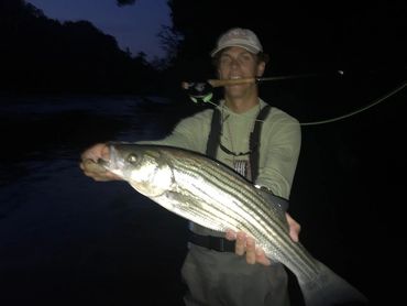 Duffie Beal with nice 6 pound striper caught on TFO 10'0" 8 weight BVK Rod and modified black articu