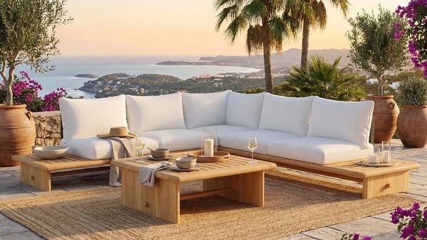 Outdoor wooden lounge set with white cushions overlooking a coastal sunset.