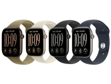 Quatro smartwatches coloridos alinhados.