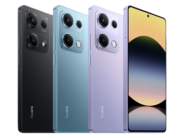 Three Redmi smartphones in black, blue, and purple with a front display shown.