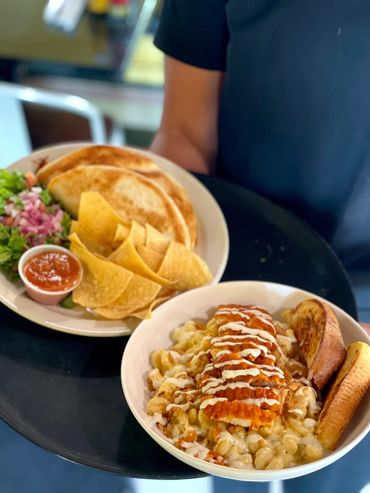 Chicken tacos & Buffalo Mac & cheese (Only available at dinner time)