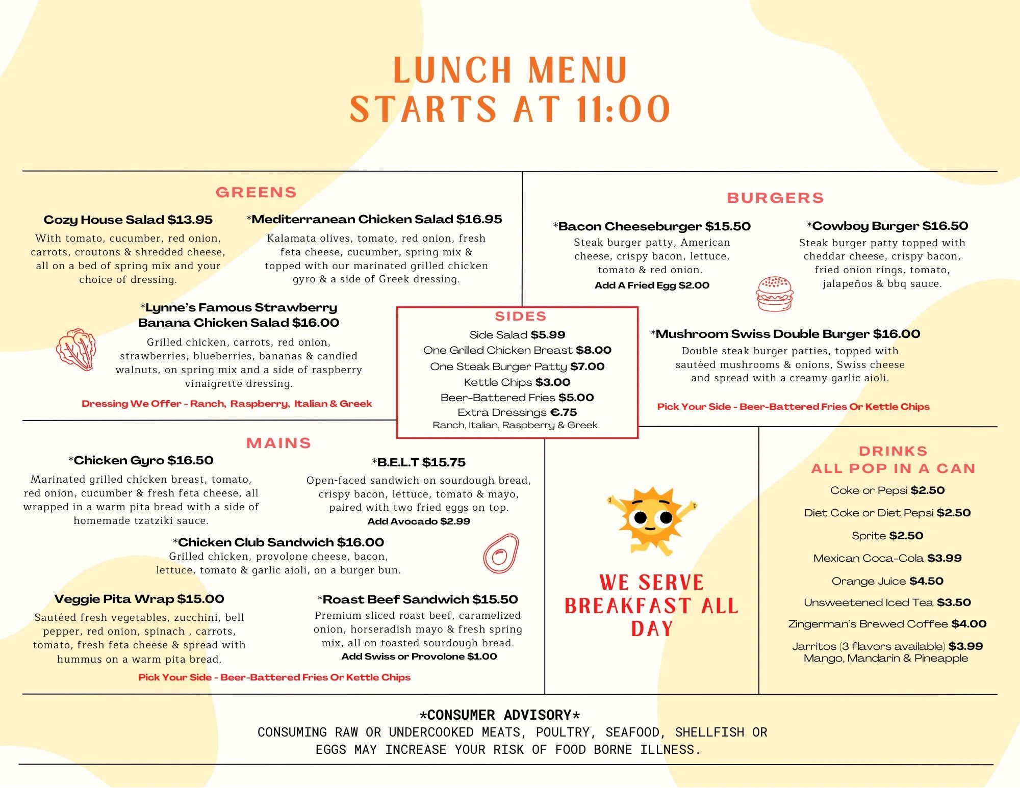 Lunch menu featuring salads, burgers, sides, mains, and drinks with detailed descriptions and prices.
